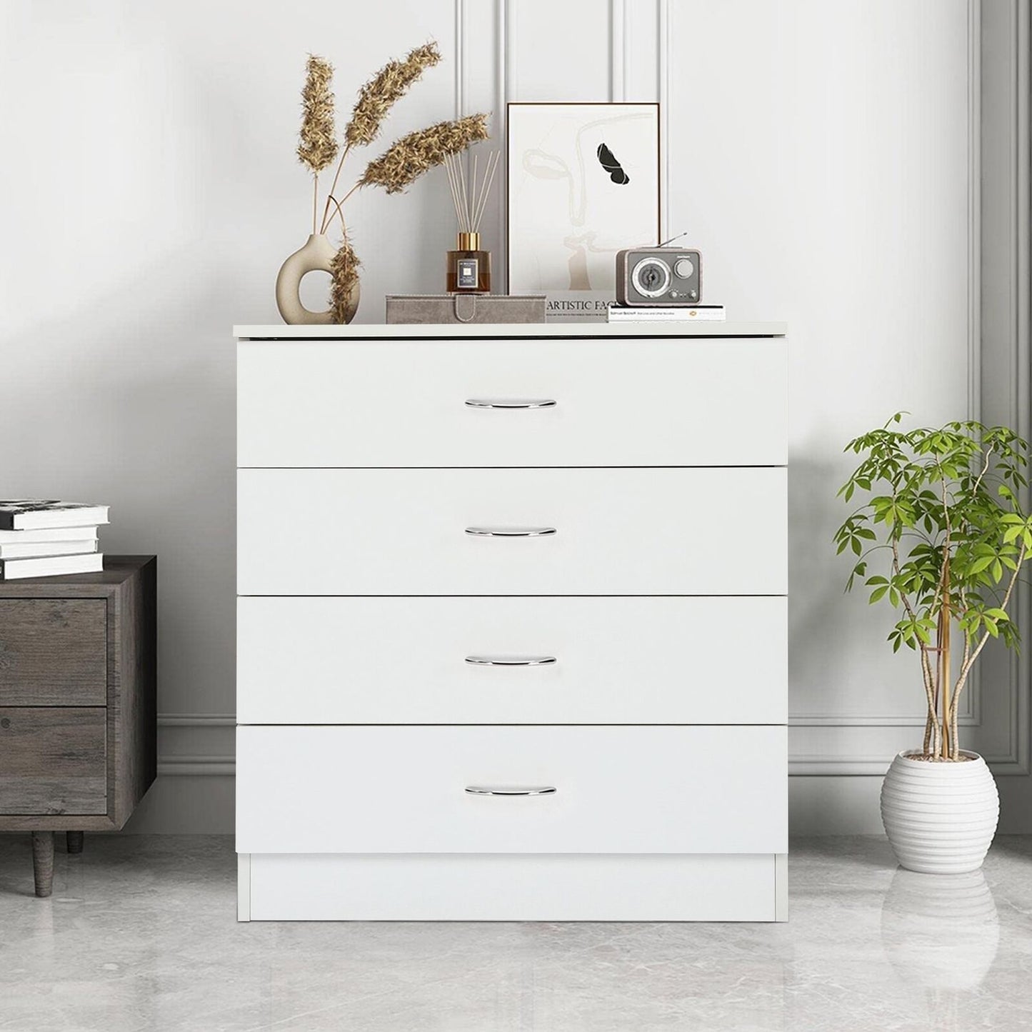 Bedroom Storage Dresser 4 Drawers with Cabinet Wood Furniture Bedroom Chest