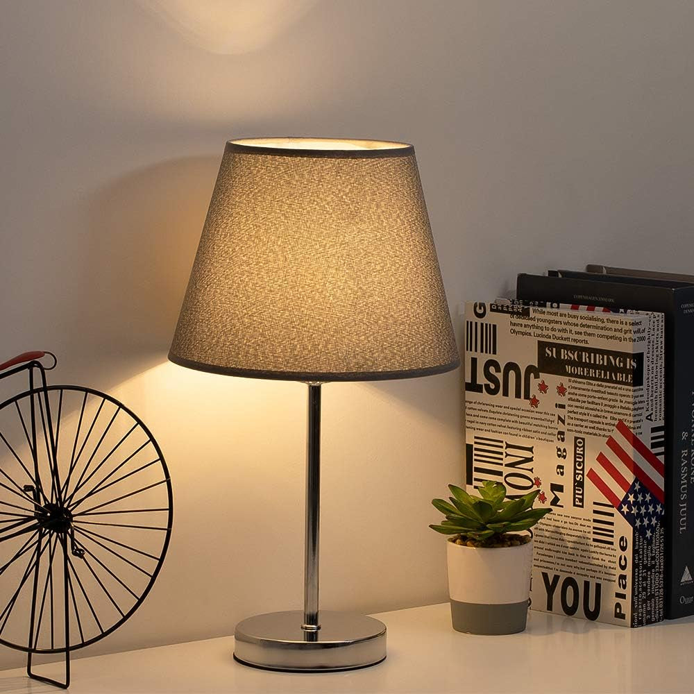 Modern Table Lamps - Grey Small Nightstand Lamps Set of 2, Bedside Desk Lamps for Bedroom, Office, College Dorm, Kids Room with Mini Metal Basic and Fabric Lamp Shade - Silver (HT-ATH05-15X2)