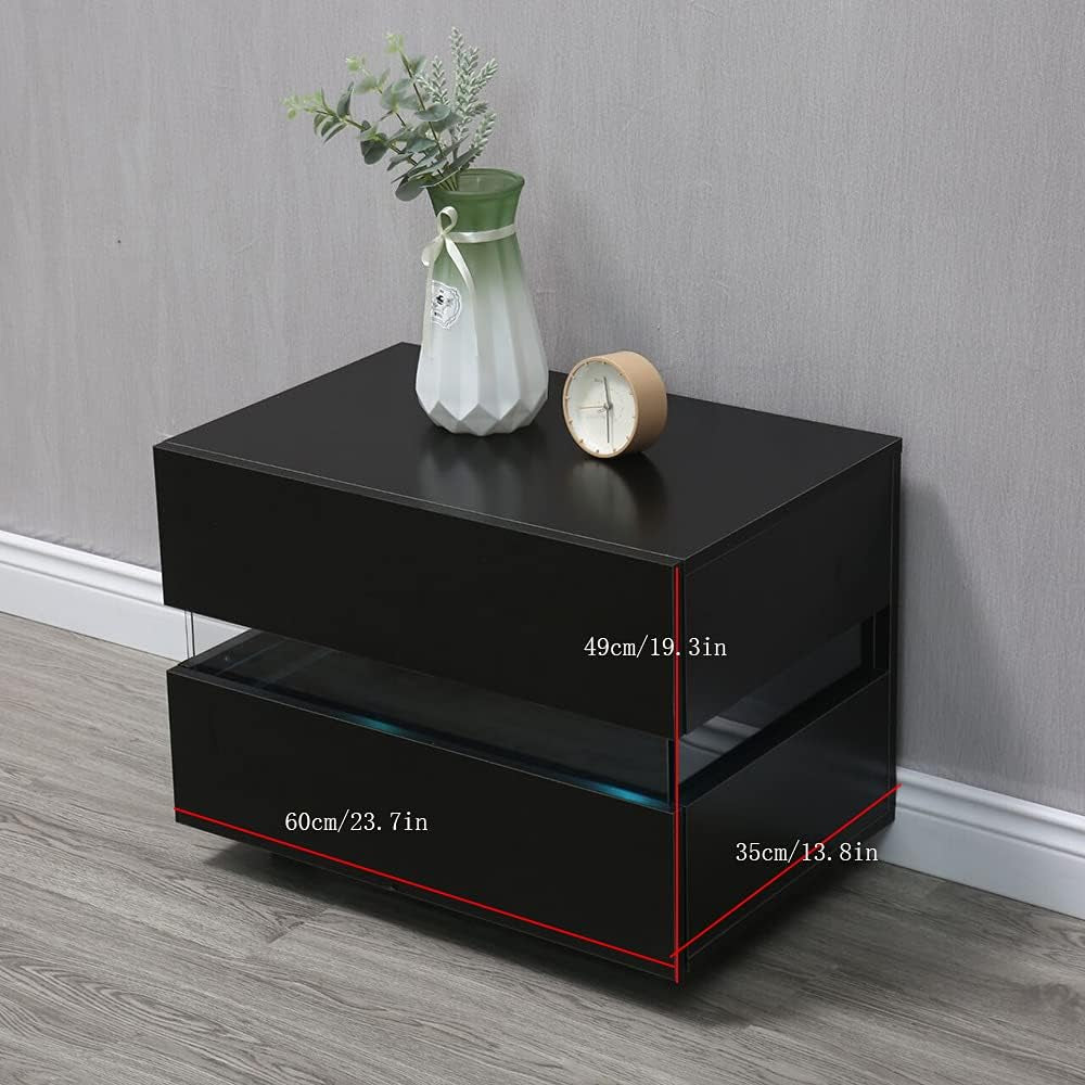 Night Stands for Bedroom, Night Stands with LED, 2 Drawers Nightstand Modern Design Bedside Table, with Colour Changing Light(Can Get a Free Remote Control),High Gloss Nightstands Storage (Black)