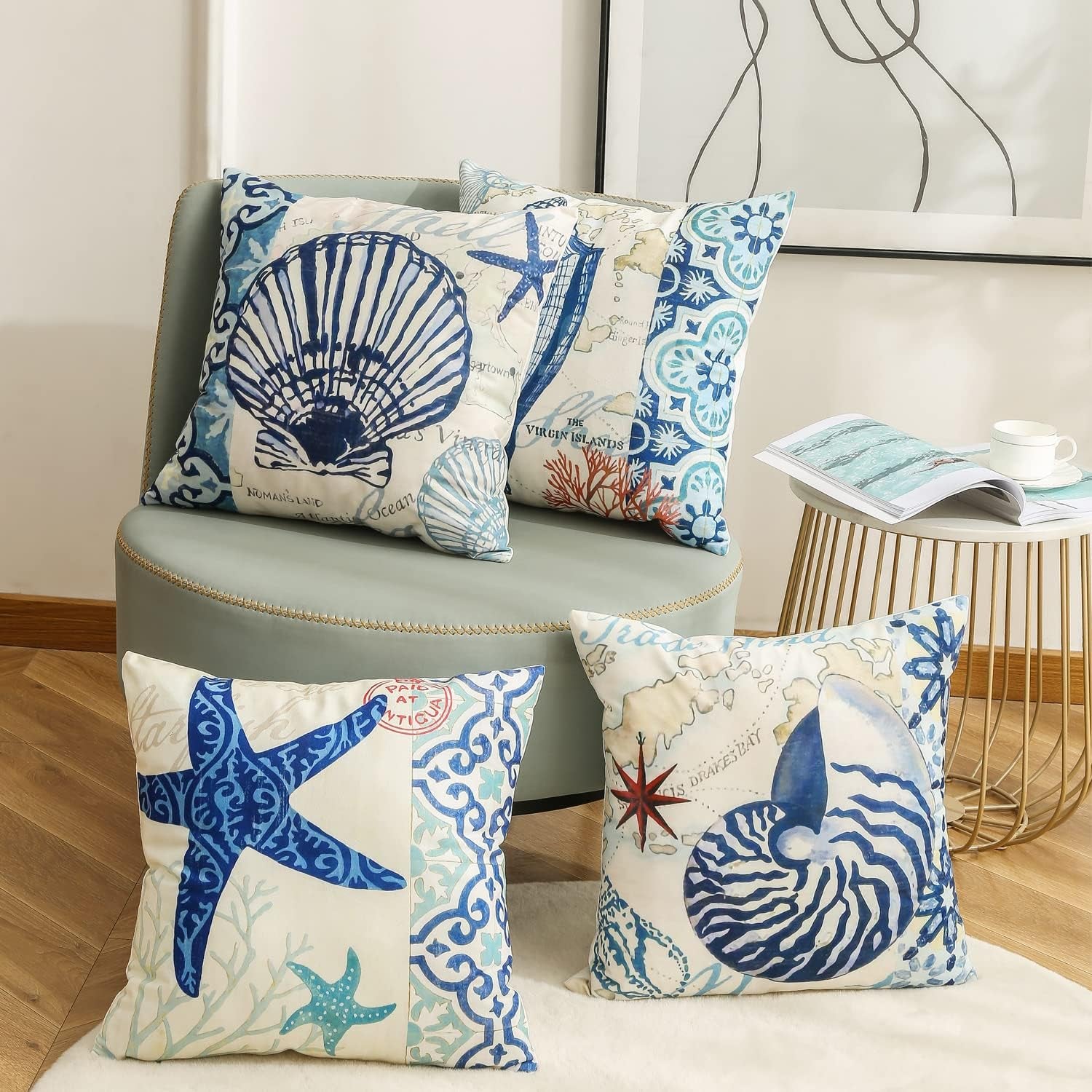 Nautical Conch Decorative Throw Pillow Covers 18X18, Set of 4 Ocean Themed Beach Starfish Shell Printed Cushion Covers for Patio Couch Sofa