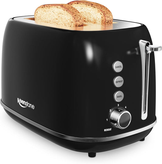 2 Slice Toaster Retro Stainless Steel Toaster with Bagel, Cancel, Defrost Function and 6 Bread Shade Settings Bread Toaster, Extra Wide Slot and Removable Crumb Tray (Black)