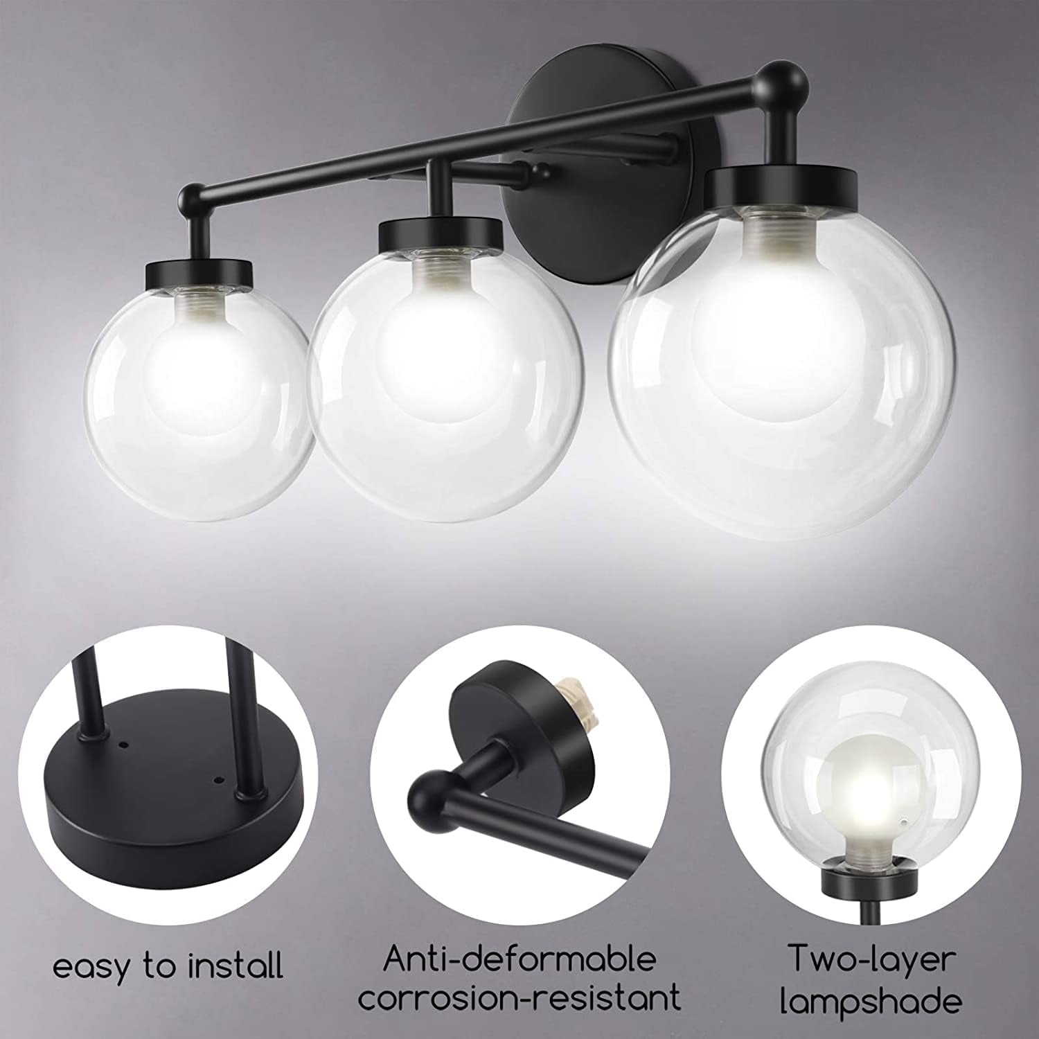 Bathroom Light Fixtures Vanity Light: 11W 5000K 3 Light Globe Bathroom Vanity Light Fixtures with G9 Bulb,Bathroom Lights over Mirror,Glass Lampshades,Bathroom Light for Mirror