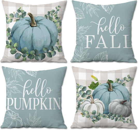 Teal Pumpkin Fall Pillow Covers 18X18, Blue Fall Decor Farmhouse, Buffalo Plaid Fall Decorations for Home,Decorative Throw Pillow Covers Set of 4 for Couch Home Patio Outdoor Thanksgiving Autumn Decor