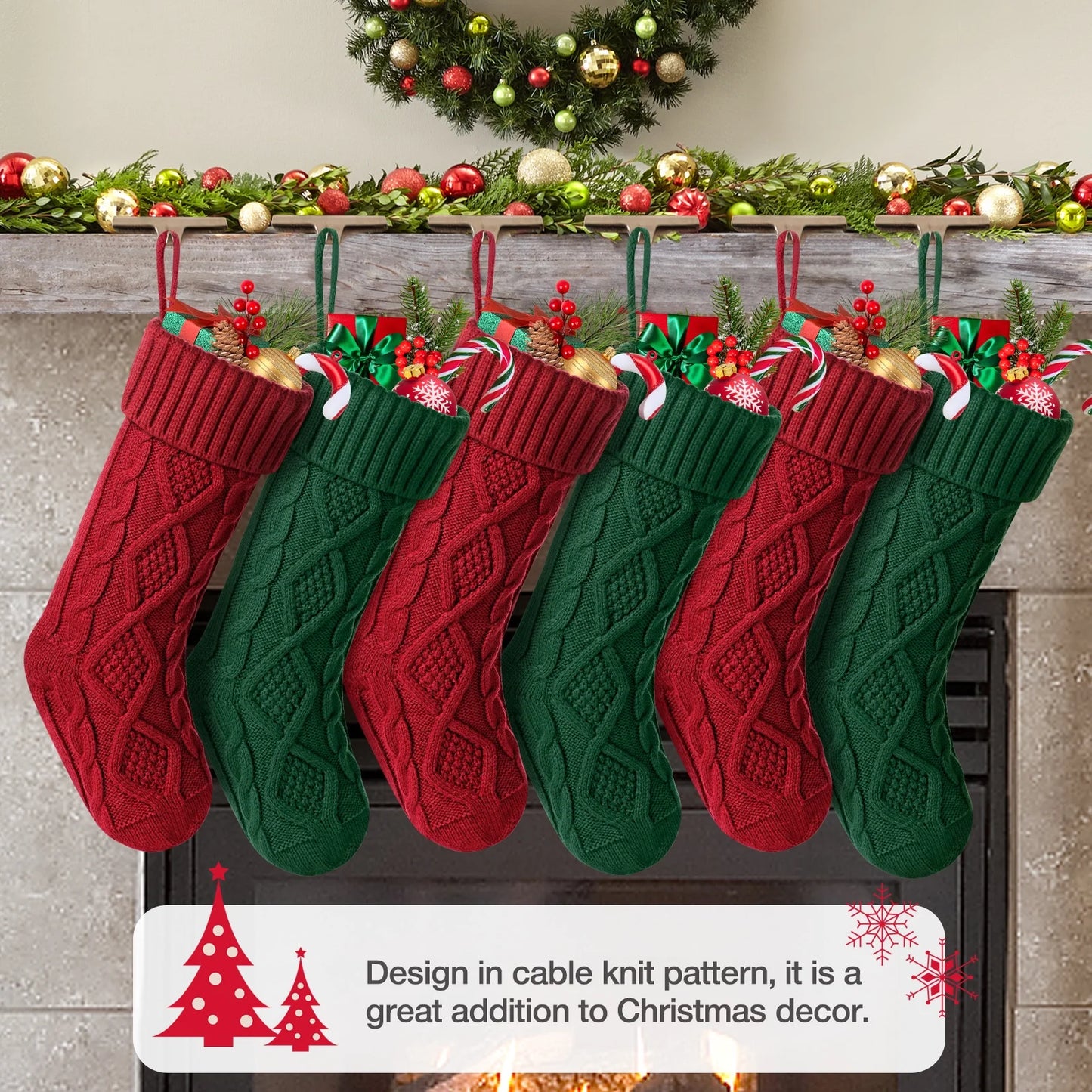 6Pcs Christmas Stockings Large Knitted Xmas Stockings 18 Inches Fireplace Hanging Stockings for Family Holiday Christmas Decoration