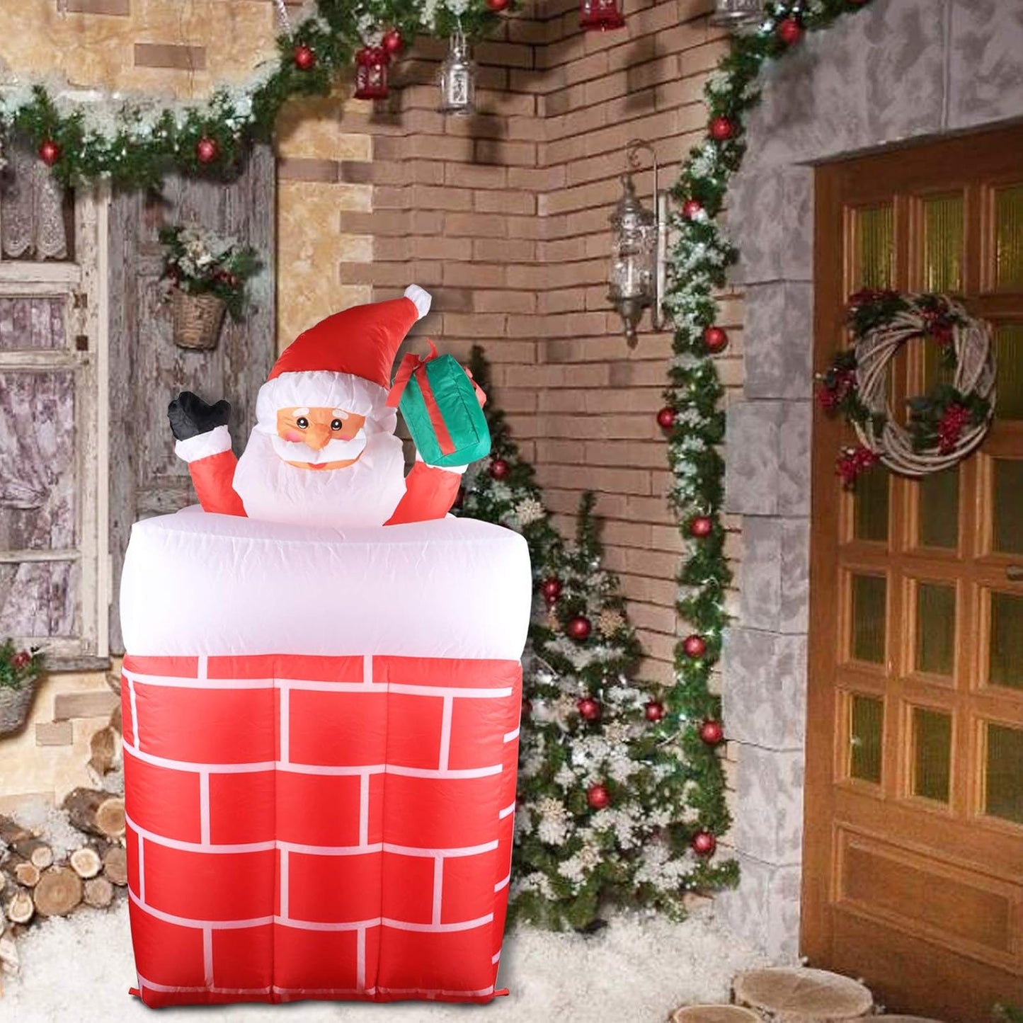 5FT Inflatable Santa Claus in Chimney Automatic up and down with LED Lights Christmas Decoration for Outdoor Yard Garden Lawn Home