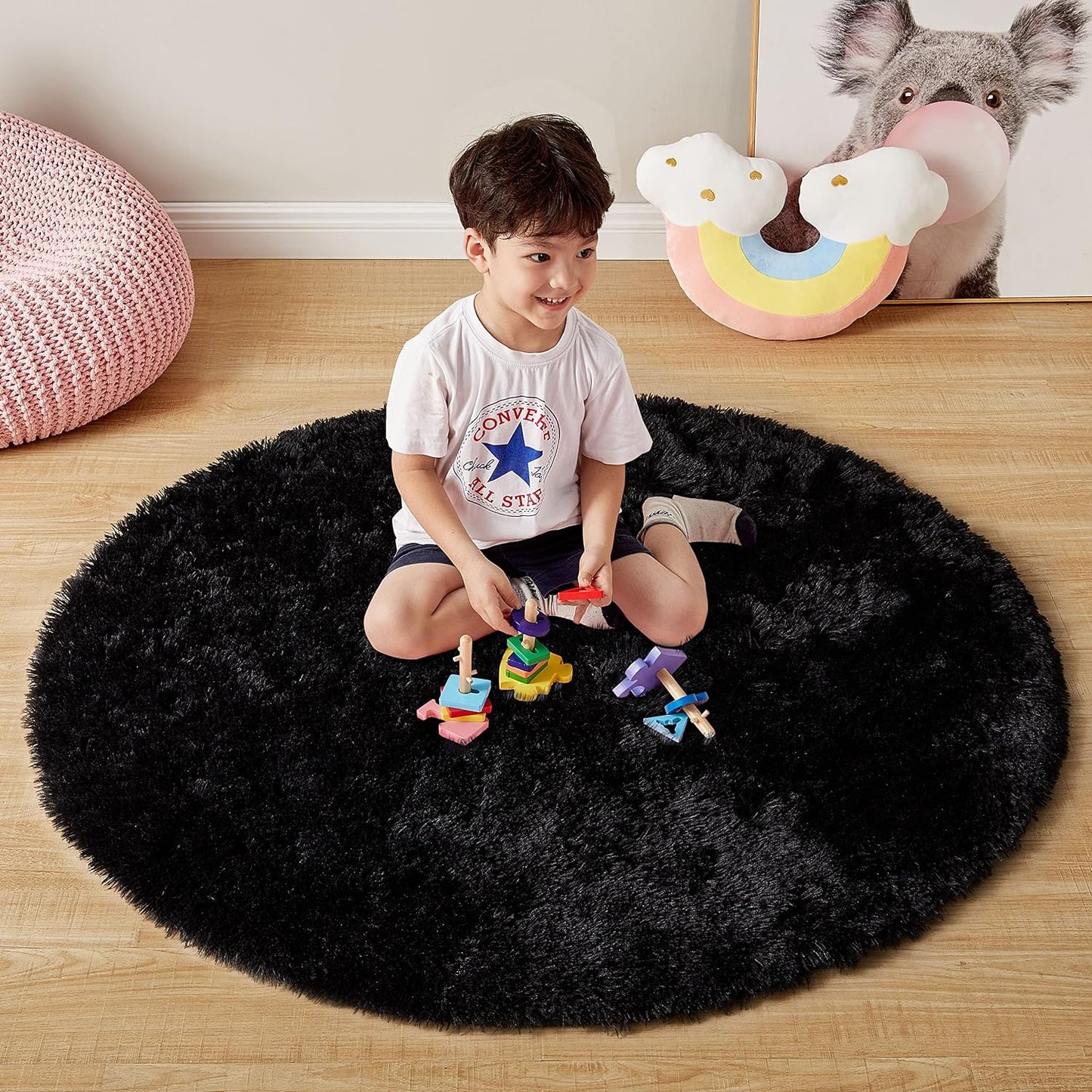 Fluffy round Rugs, Cozy Soft 5Ft Circle Solid Black Rugs for Kids Room Cute Furry Circular Rugs Fuzzy Comfy Nursery Rugs Shaggy Plush Rugs for Boys Girls Room