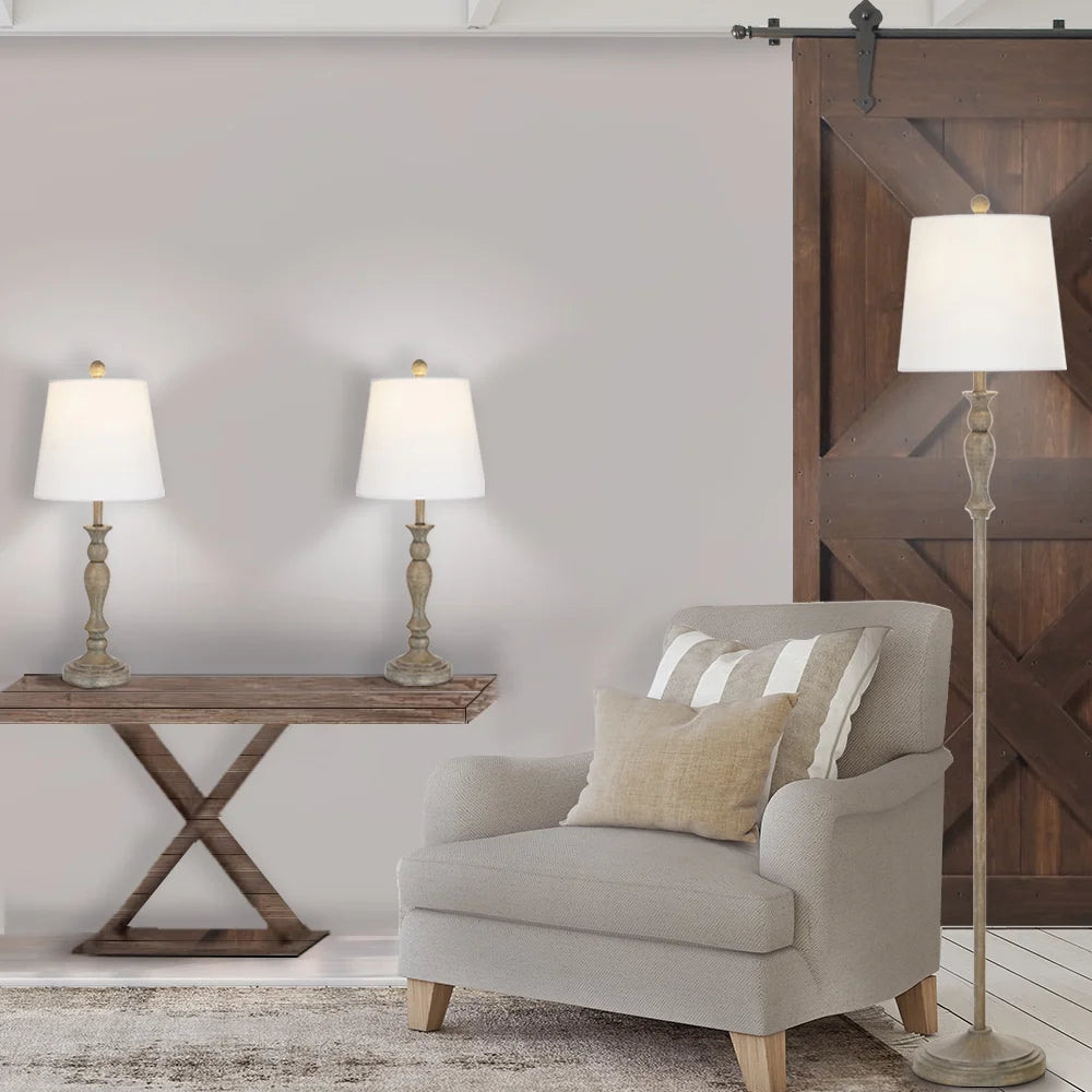 Modern Farmhouse 3-Pack Table and Floor Lamp Set, Wood Finish