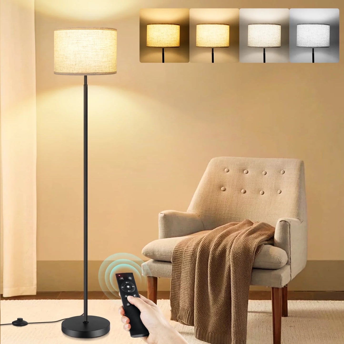 Modern Floor Lamps for Living Room, 63" Standing Lamp with Linen Shade, Tall Pole Lamps for Bedroom, Office,Black,Bulb Included