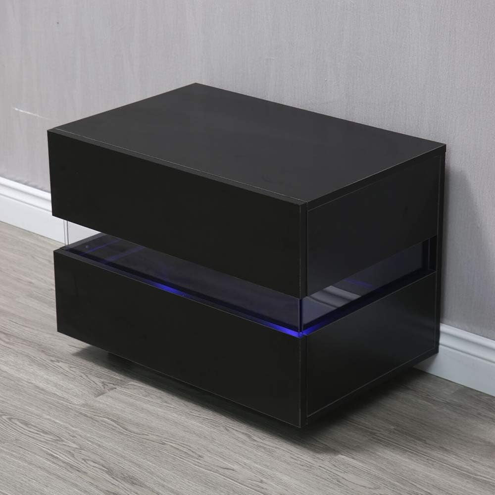 Night Stands for Bedroom, Night Stands with LED, 2 Drawers Nightstand Modern Design Bedside Table, with Colour Changing Light(Can Get a Free Remote Control),High Gloss Nightstands Storage (Black)