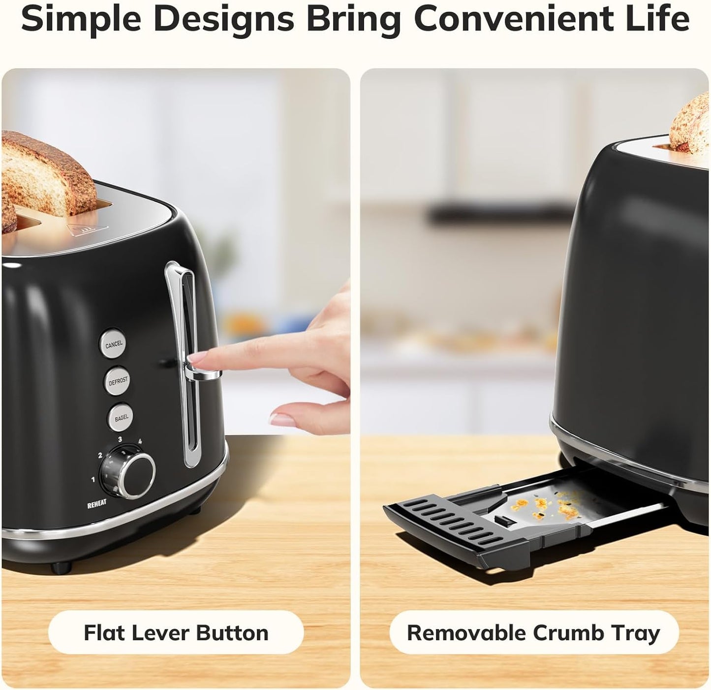 2 Slice Toaster Retro Stainless Steel Toaster with Bagel, Cancel, Defrost Function and 6 Bread Shade Settings Bread Toaster, Extra Wide Slot and Removable Crumb Tray (Black)