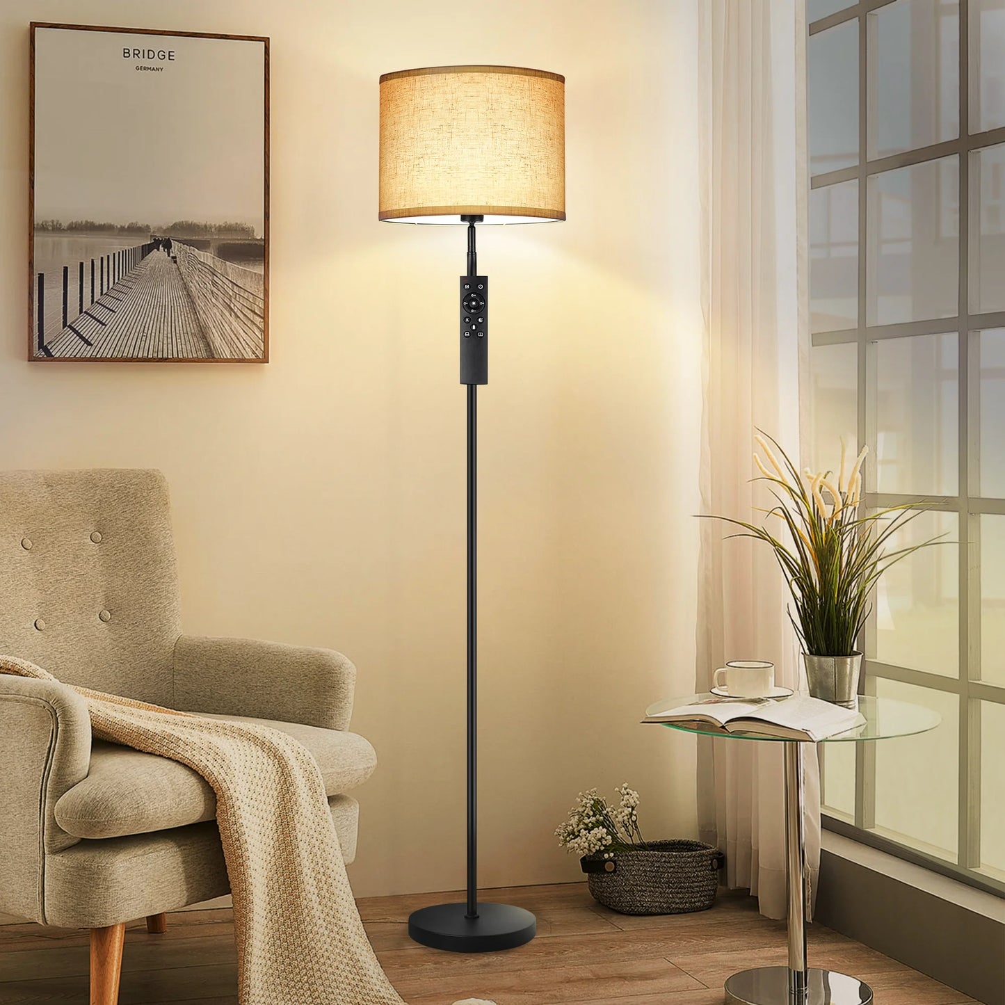 Modern Floor Lamps for Living Room, 63" Standing Lamp with Linen Shade, Tall Pole Lamps for Bedroom, Office,Black,Bulb Included