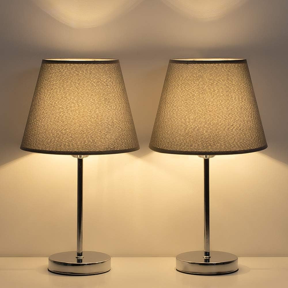 Modern Table Lamps - Grey Small Nightstand Lamps Set of 2, Bedside Desk Lamps for Bedroom, Office, College Dorm, Kids Room with Mini Metal Basic and Fabric Lamp Shade - Silver (HT-ATH05-15X2)