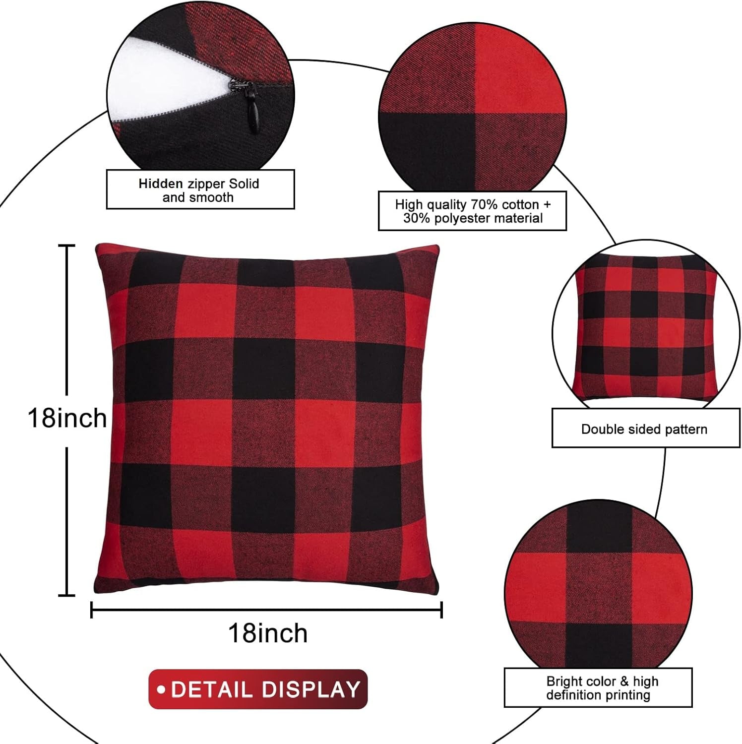 Christmas Pillow Covers, Farmhouse Holiday Pillow Covers Buffalo Checked Plaid Throw Pillows Christmas Outdoor Cases for Porch Christmas Home Decor (2 Pcs-18X18 Inch, Black Red)