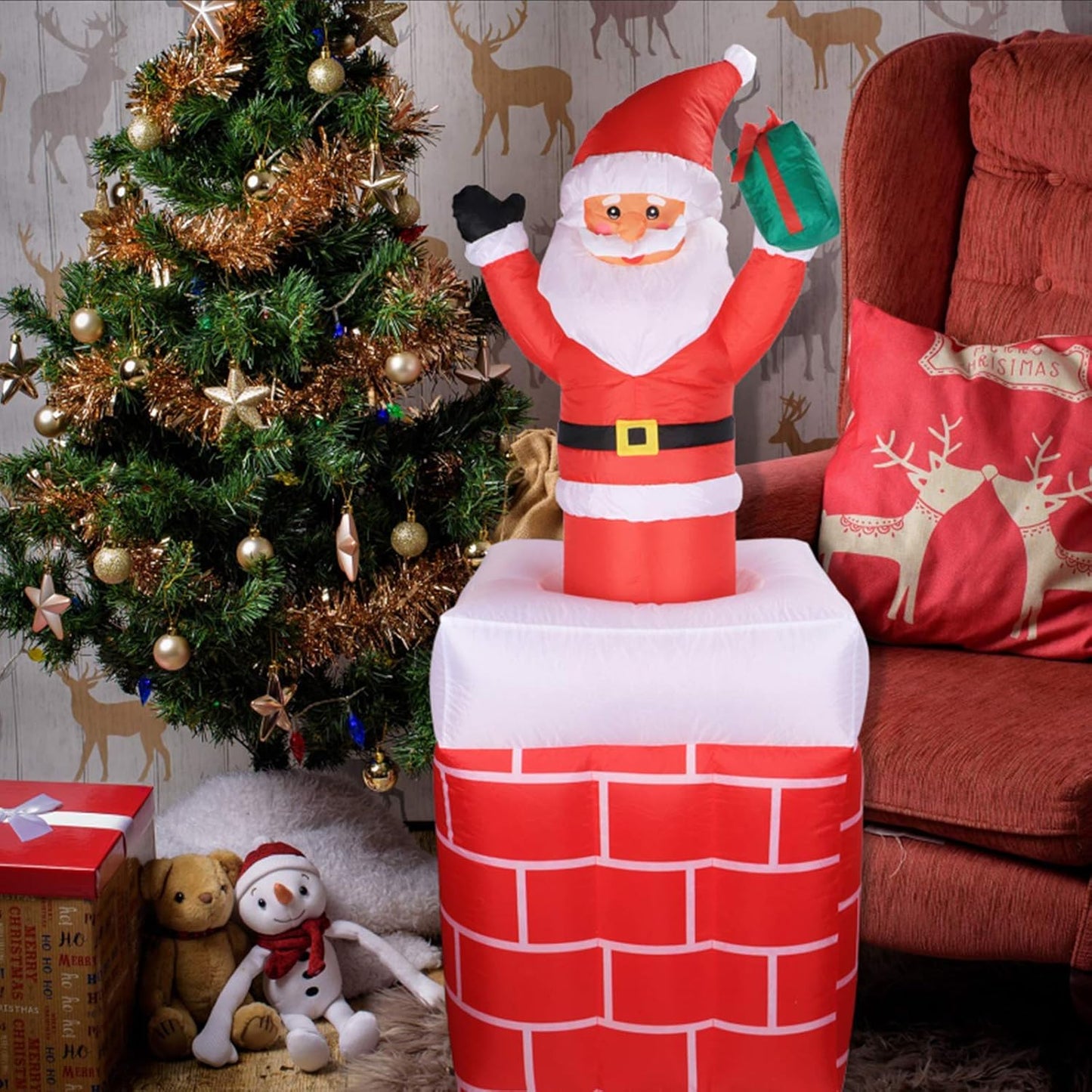 5FT Inflatable Santa Claus in Chimney Automatic up and down with LED Lights Christmas Decoration for Outdoor Yard Garden Lawn Home