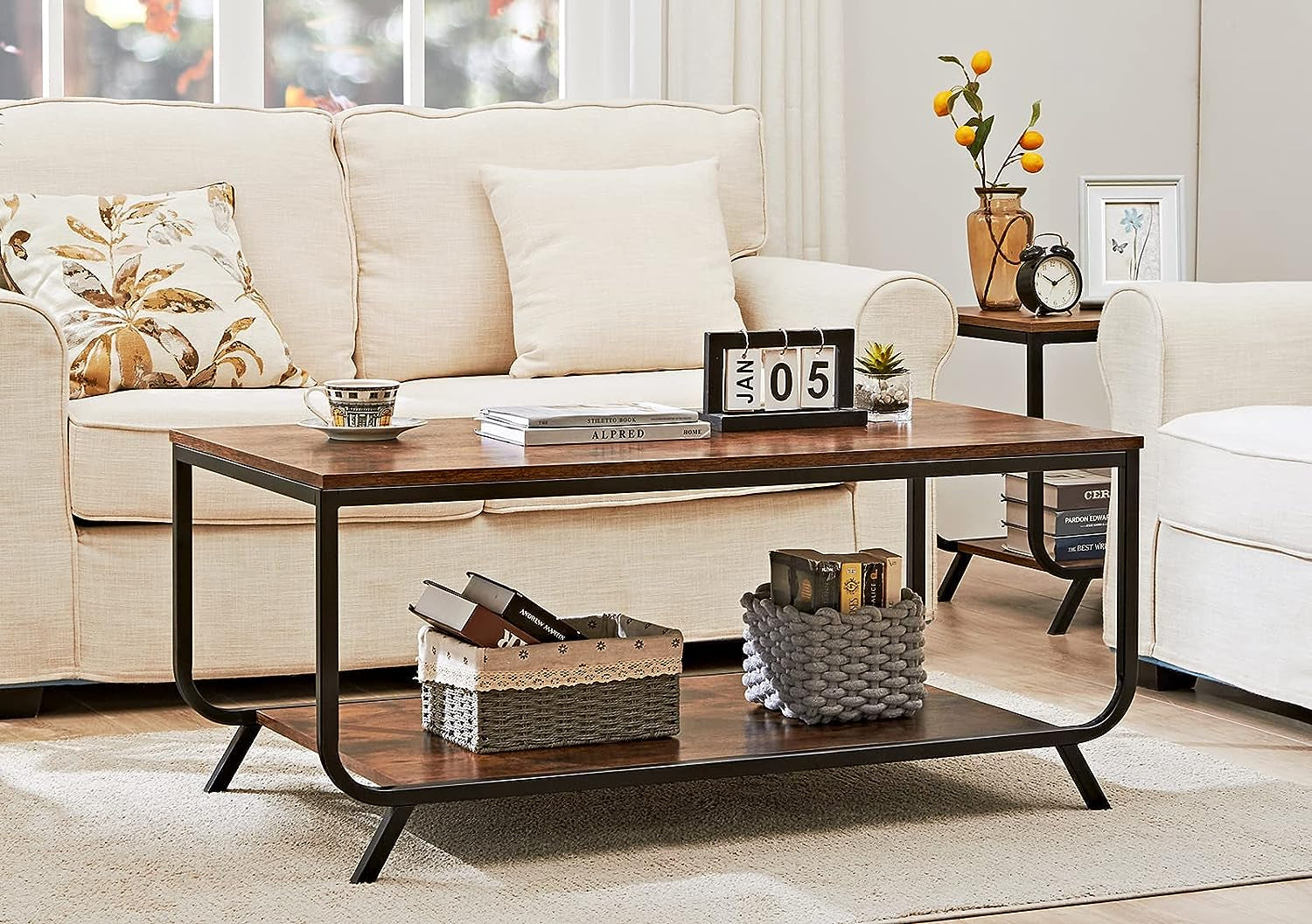 Coffee Table, Industrial Coffee Table for Living Room with 2 Tier Storage Shelf, Modern Style Coffee Table for Living Room, Rustic Brown