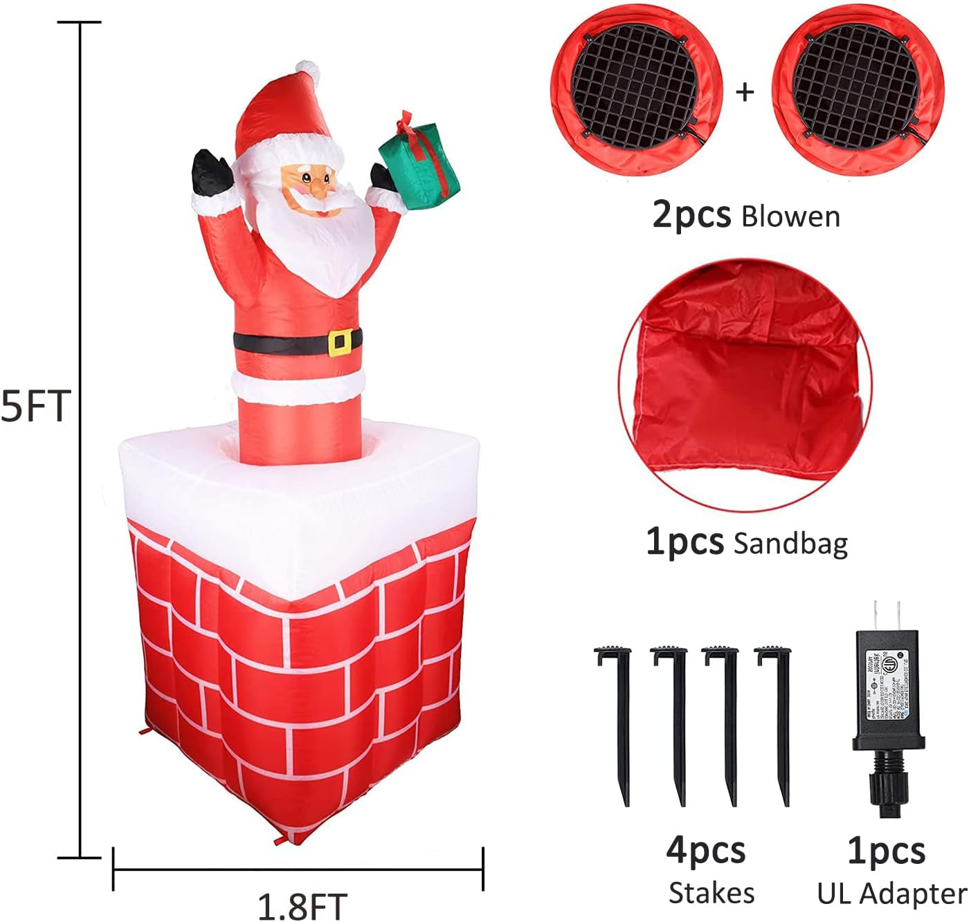 5FT Inflatable Santa Claus in Chimney Automatic up and down with LED Lights Christmas Decoration for Outdoor Yard Garden Lawn Home