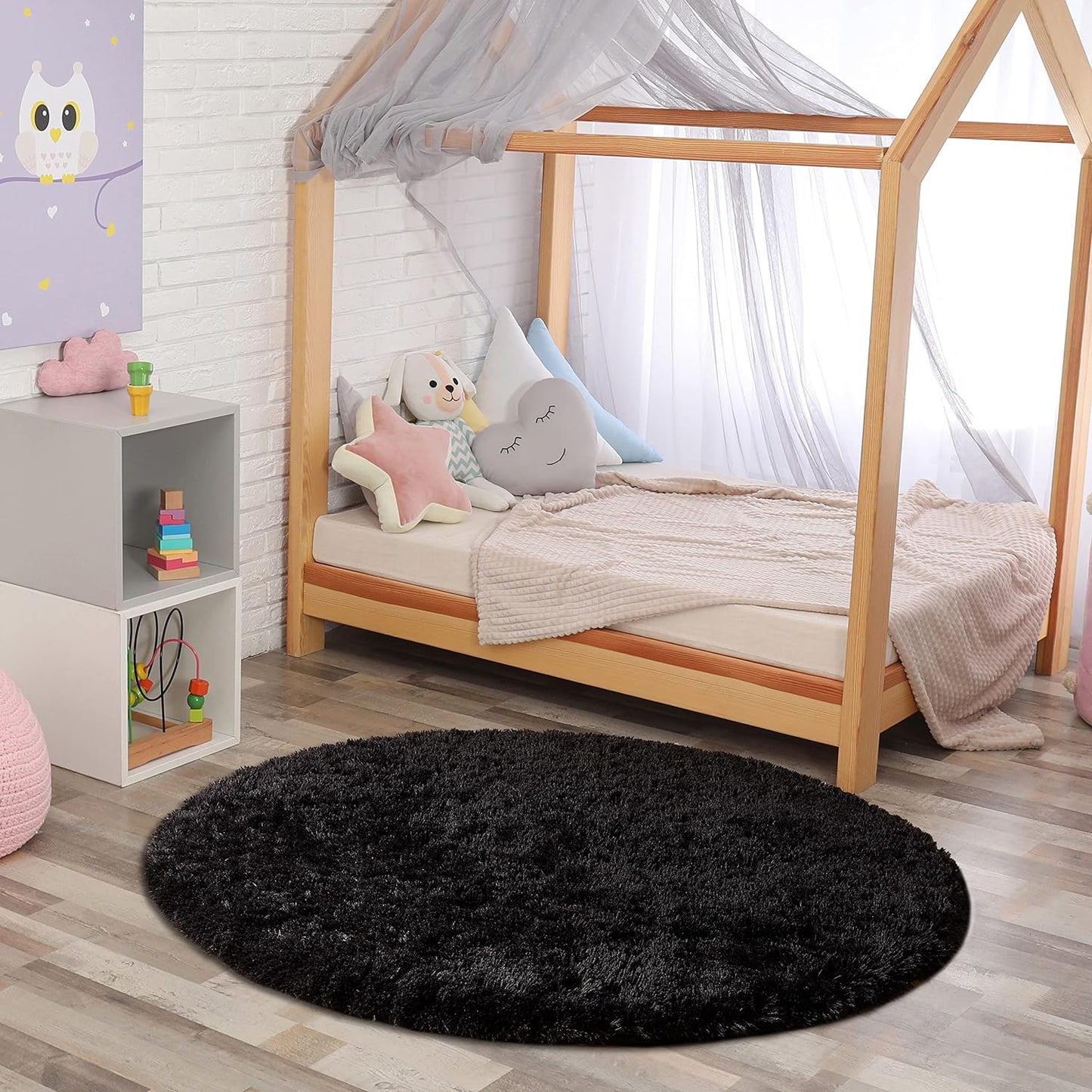 Fluffy round Rugs, Cozy Soft 5Ft Circle Solid Black Rugs for Kids Room Cute Furry Circular Rugs Fuzzy Comfy Nursery Rugs Shaggy Plush Rugs for Boys Girls Room