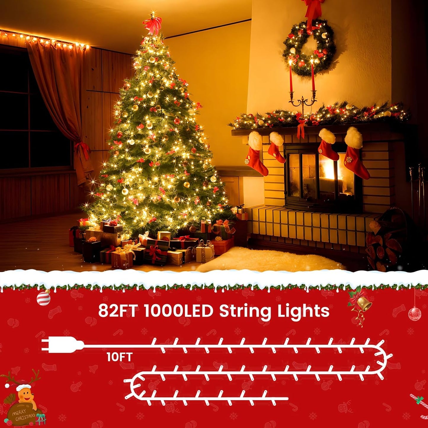 82Ft 1000LED Christmas Lights Outdoor Indoor, Green Wire Christmas String Lights Plug In, Ultra Bright 8 Modes Waterproof Fairy Lights for Xmas Tree Party Wedding Decoration, Warm White