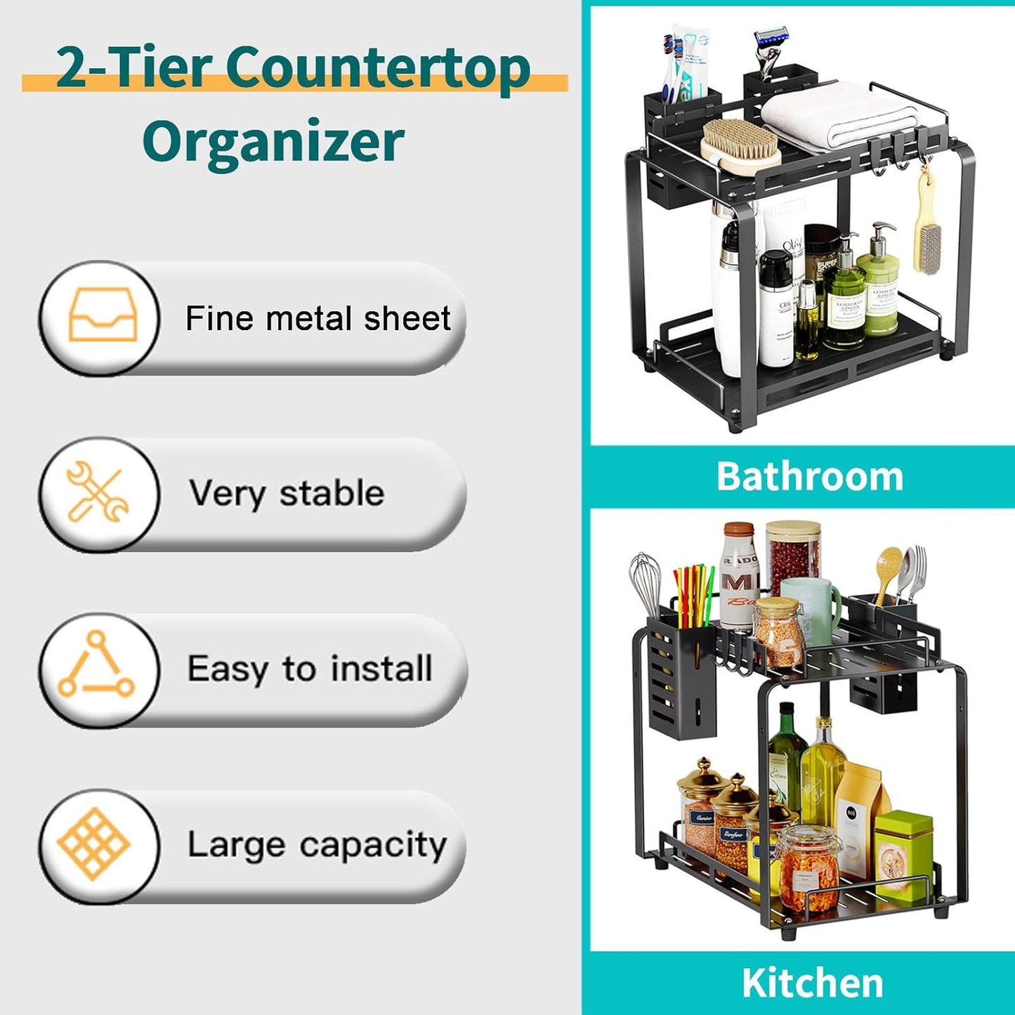 Bathroom Countertop Organizer, 2 Tier Kitchen Spice Rack Organizer, Larger Bathroom Counter Organizer with 2 Pcs Basket, Bathroom Organizer,Counter Storage Shelves for Metal Black