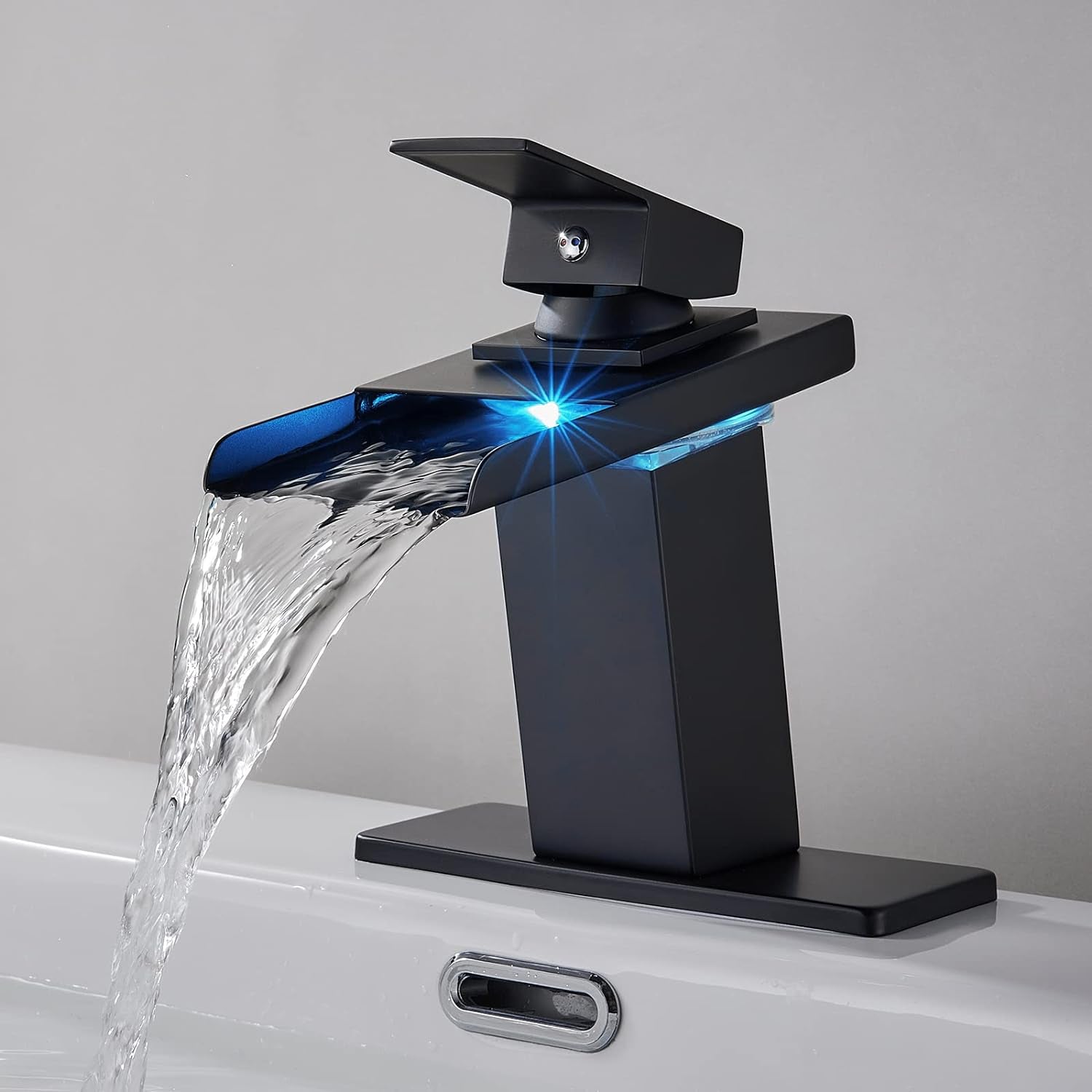 LED Bathroom Sink Faucet, Black Bathroom Faucet, LED Faucet for Bathroom Sink Single Hole or 3 Hole, Waterfall Bathroom Faucet with Steel Spout, 4 Inch Centerset Bathroom Faucet