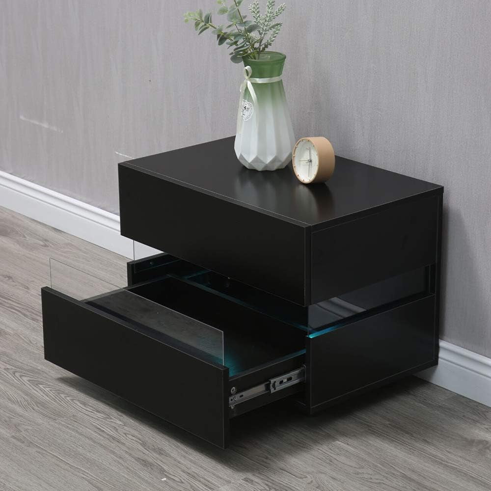 Night Stands for Bedroom, Night Stands with LED, 2 Drawers Nightstand Modern Design Bedside Table, with Colour Changing Light(Can Get a Free Remote Control),High Gloss Nightstands Storage (Black)