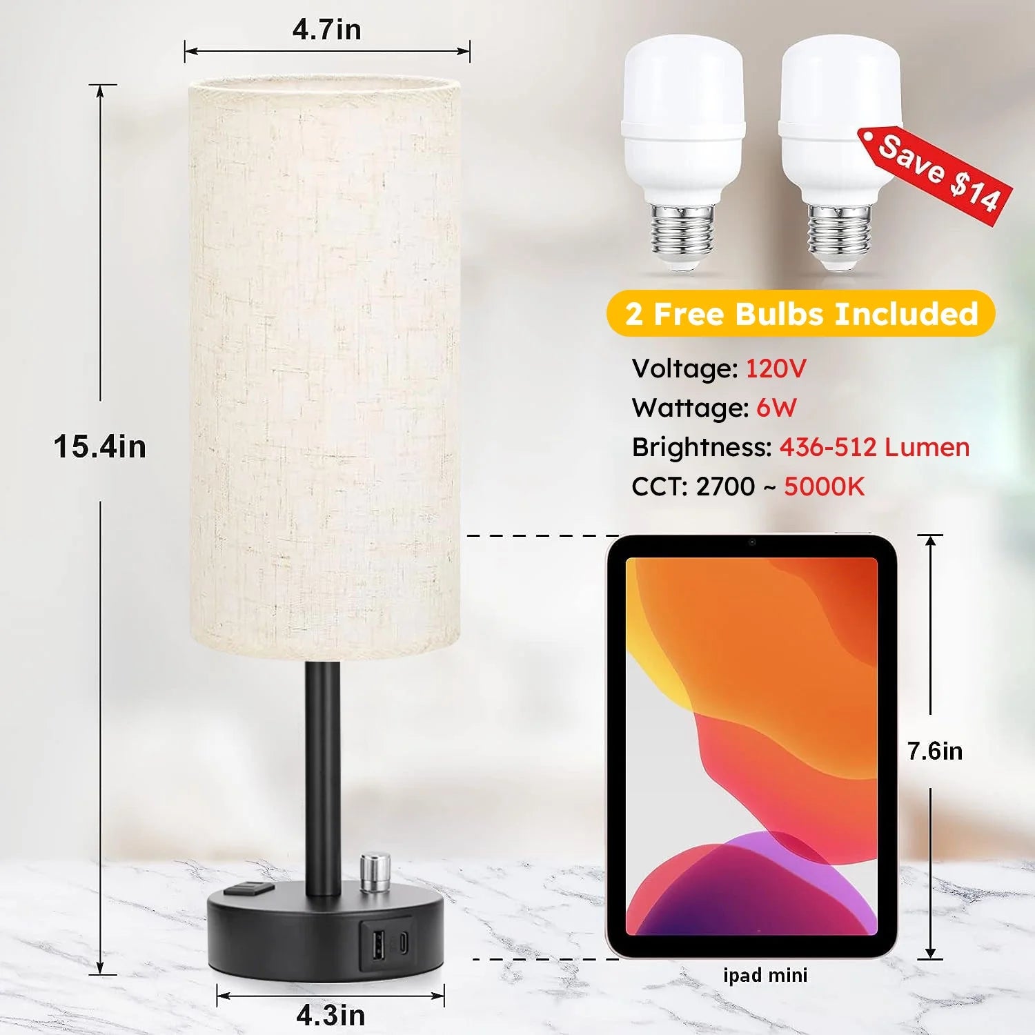 Table Lamps Set of 2, Fully Dimmable Nightstand Lamps with USB C&A Charging Port and Outlets, Lamps for Bedroom Living Room Office