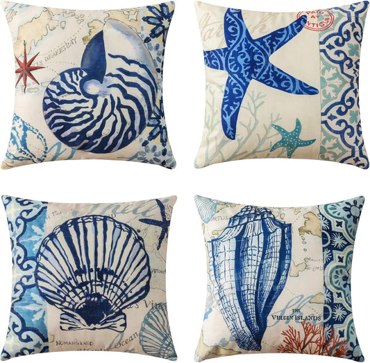 Nautical Conch Decorative Throw Pillow Covers 18X18, Set of 4 Ocean Themed Beach Starfish Shell Printed Cushion Covers for Patio Couch Sofa