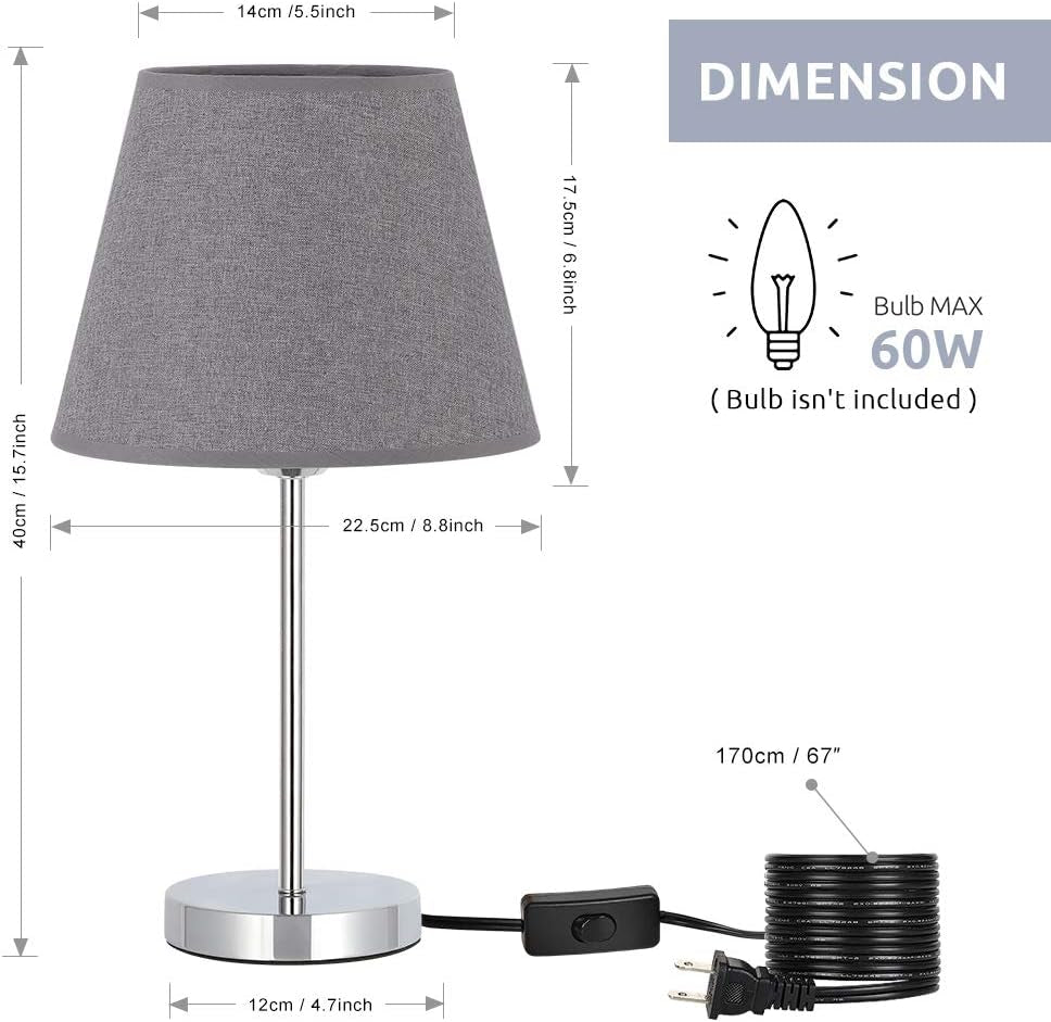 Modern Table Lamps - Grey Small Nightstand Lamps Set of 2, Bedside Desk Lamps for Bedroom, Office, College Dorm, Kids Room with Mini Metal Basic and Fabric Lamp Shade - Silver (HT-ATH05-15X2)