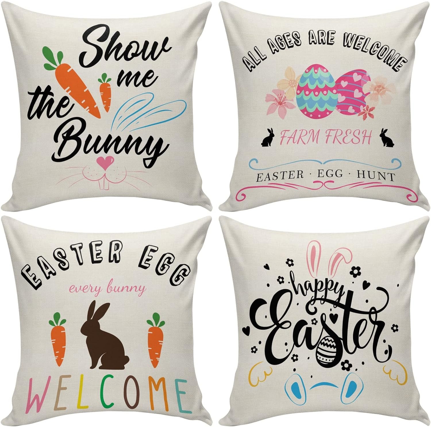 Easter Pillow Covers 18 X 18 Set of 4, Bunny Outdoor Throw Pillow Covers, Decorative Pillows Cover for Sofa Bed Couch Decor