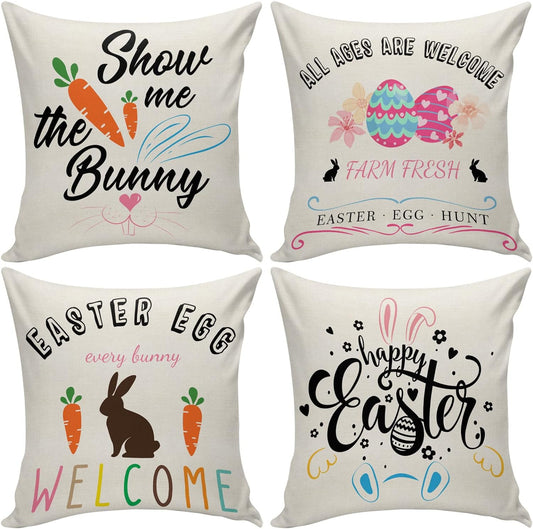 Easter Pillow Covers 18 X 18 Set of 4, Bunny Outdoor Throw Pillow Covers, Decorative Pillows Cover for Sofa Bed Couch Decor