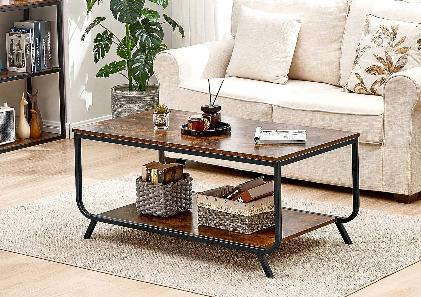 Coffee Table, Industrial Coffee Table for Living Room with 2 Tier Storage Shelf, Modern Style Coffee Table for Living Room, Rustic Brown