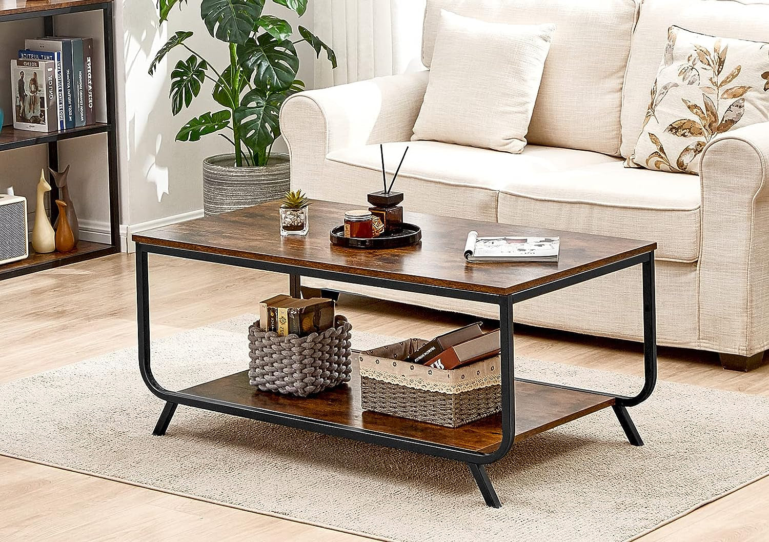 Coffee Table, Industrial Coffee Table for Living Room with 2 Tier Storage Shelf, Modern Style Coffee Table for Living Room, Rustic Brown