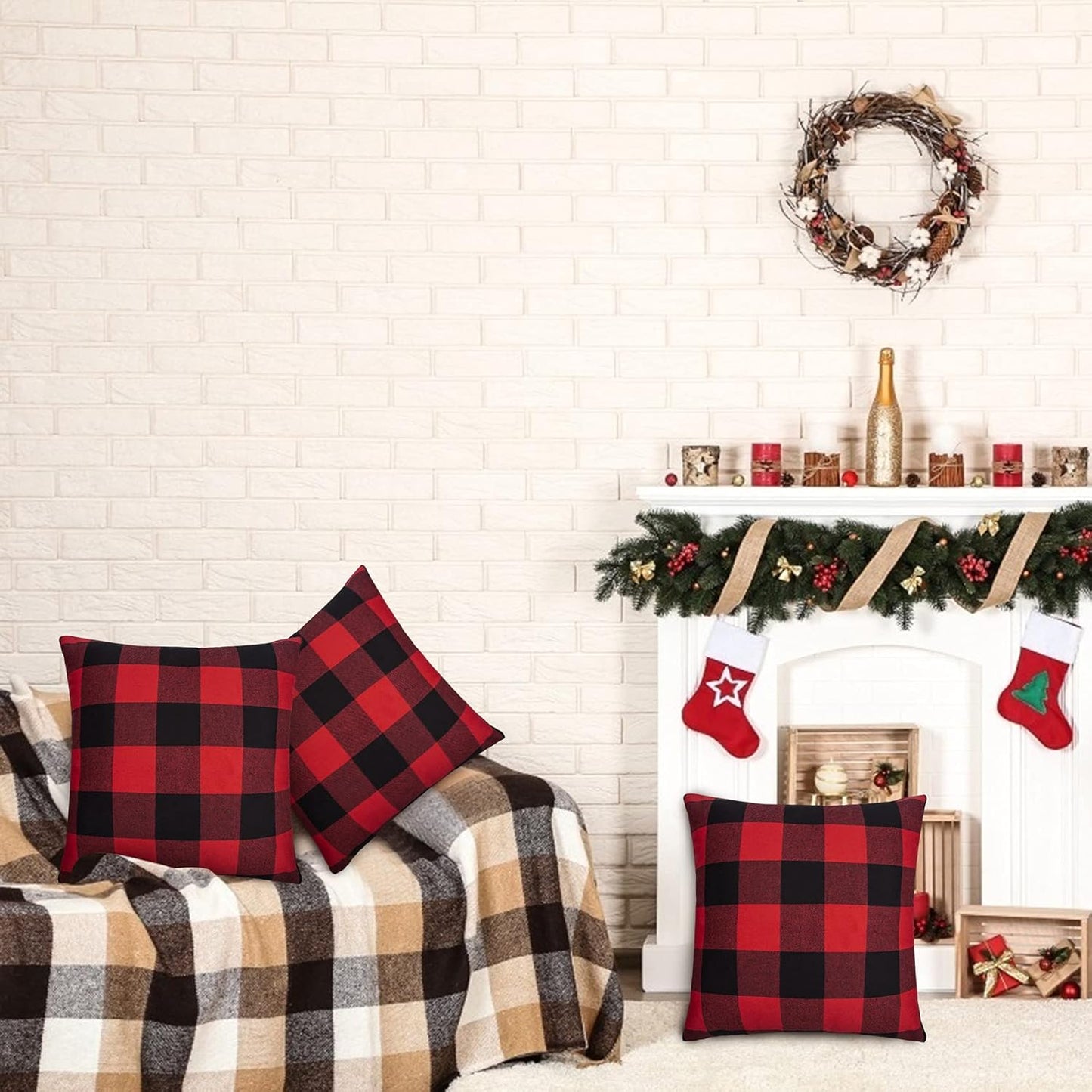 Christmas Pillow Covers, Farmhouse Holiday Pillow Covers Buffalo Checked Plaid Throw Pillows Christmas Outdoor Cases for Porch Christmas Home Decor (2 Pcs-18X18 Inch, Black Red)