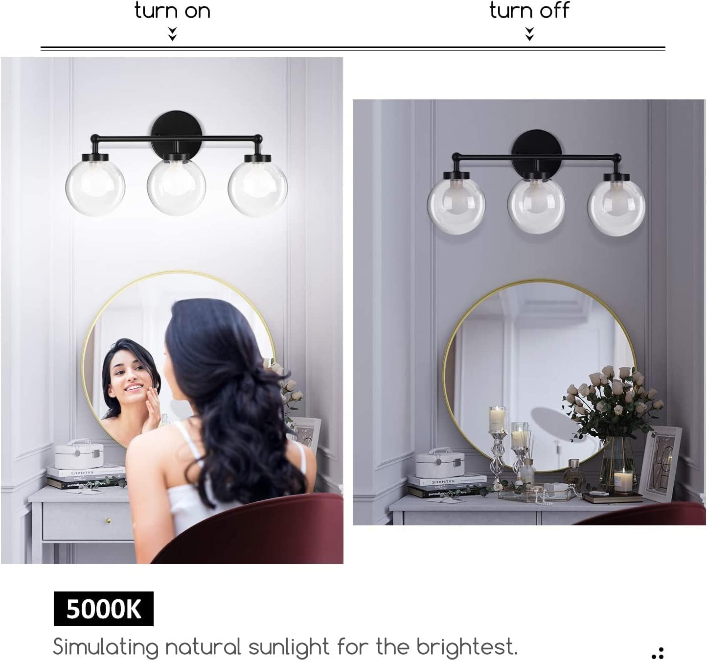 Bathroom Light Fixtures Vanity Light: 11W 5000K 3 Light Globe Bathroom Vanity Light Fixtures with G9 Bulb,Bathroom Lights over Mirror,Glass Lampshades,Bathroom Light for Mirror