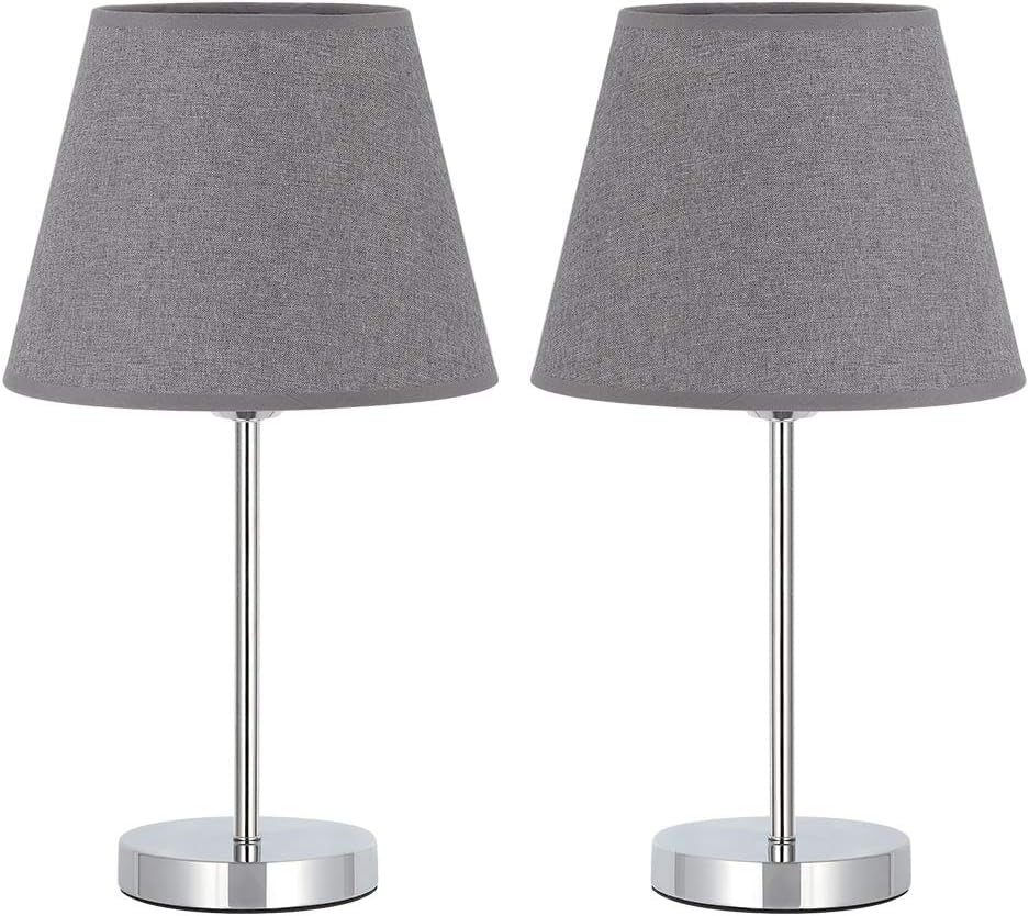 Modern Table Lamps - Grey Small Nightstand Lamps Set of 2, Bedside Desk Lamps for Bedroom, Office, College Dorm, Kids Room with Mini Metal Basic and Fabric Lamp Shade - Silver (HT-ATH05-15X2)