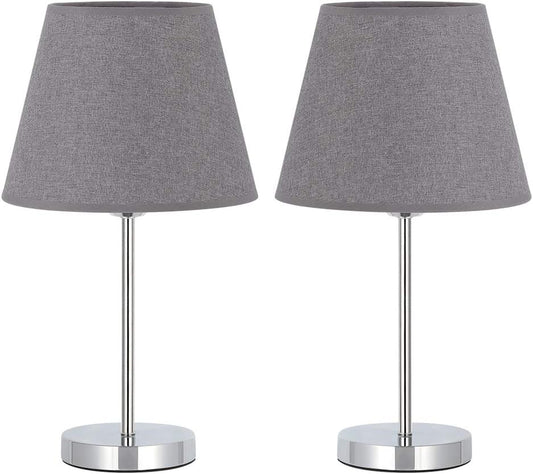 Modern Table Lamps - Grey Small Nightstand Lamps Set of 2, Bedside Desk Lamps for Bedroom, Office, College Dorm, Kids Room with Mini Metal Basic and Fabric Lamp Shade - Silver (HT-ATH05-15X2)