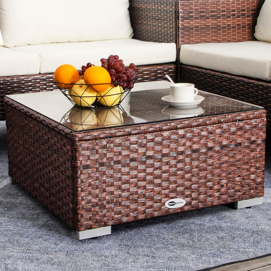 Outdoor Coffee Table for Patio Table Wicker Patio Coffee Table Lawn Garden Rattan Small Coffee Table with Glass Top All-Weather, 25.2In Mixed Brown