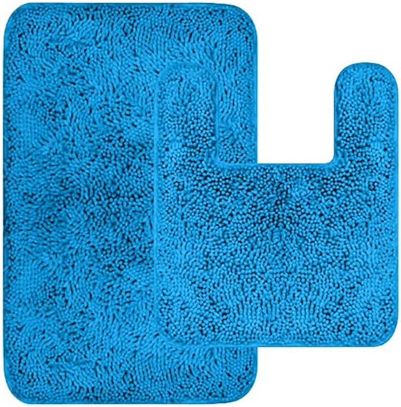 Chenille Blue Bathroom Rug Set - Bathroom Rugs Set - 2 Piece Bathroom Rug Set - Fluffy Bathroom Rugs - Toilet Mat U Shaped - Bathroom Rug and Contour Rug Set - Shaggy Bathroom Rugs