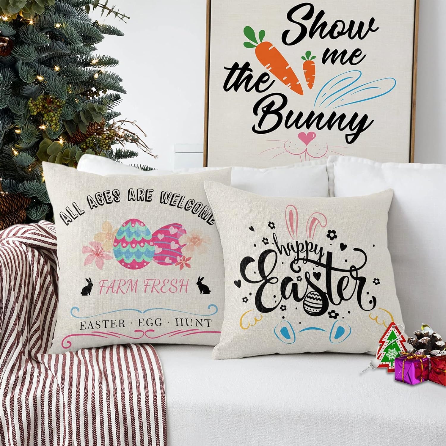 Easter Pillow Covers 18 X 18 Set of 4, Bunny Outdoor Throw Pillow Covers, Decorative Pillows Cover for Sofa Bed Couch Decor